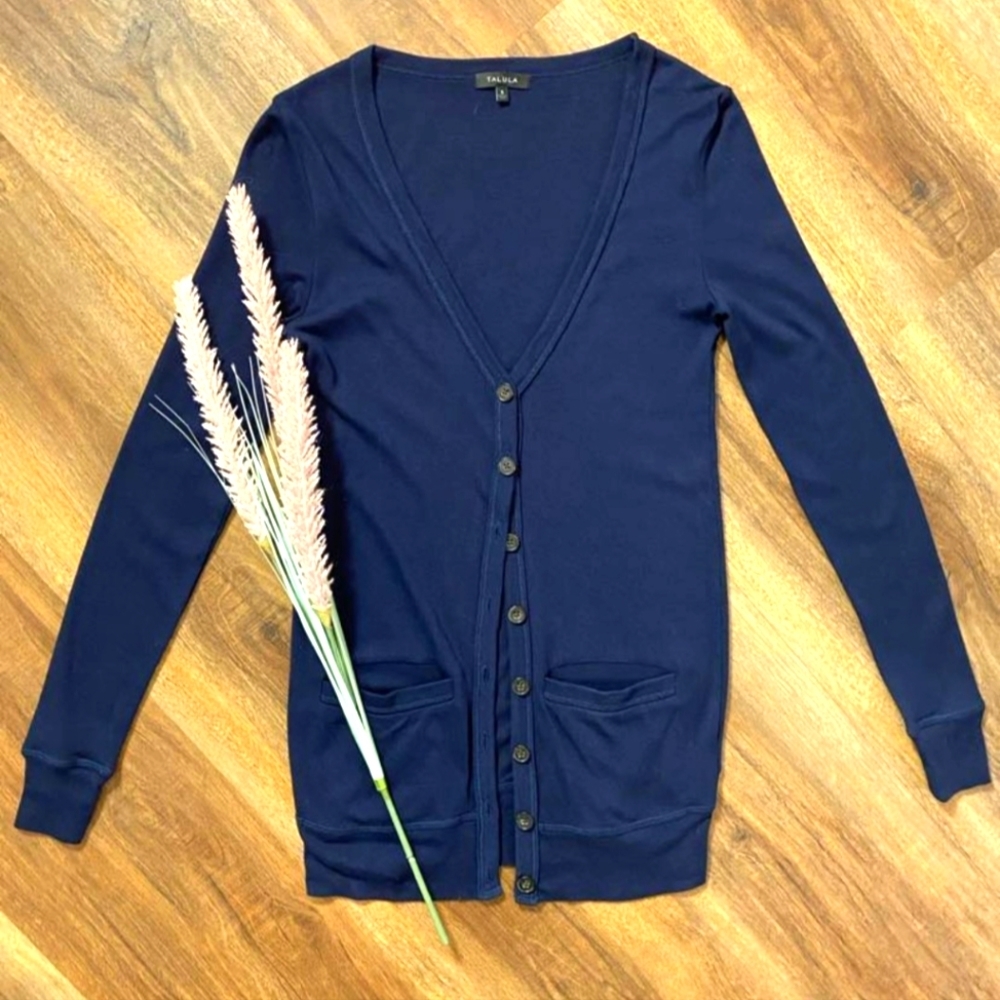 Talula Navy Blue Long Sleeved Button Up Cardigan Sweater With Pockets - Small